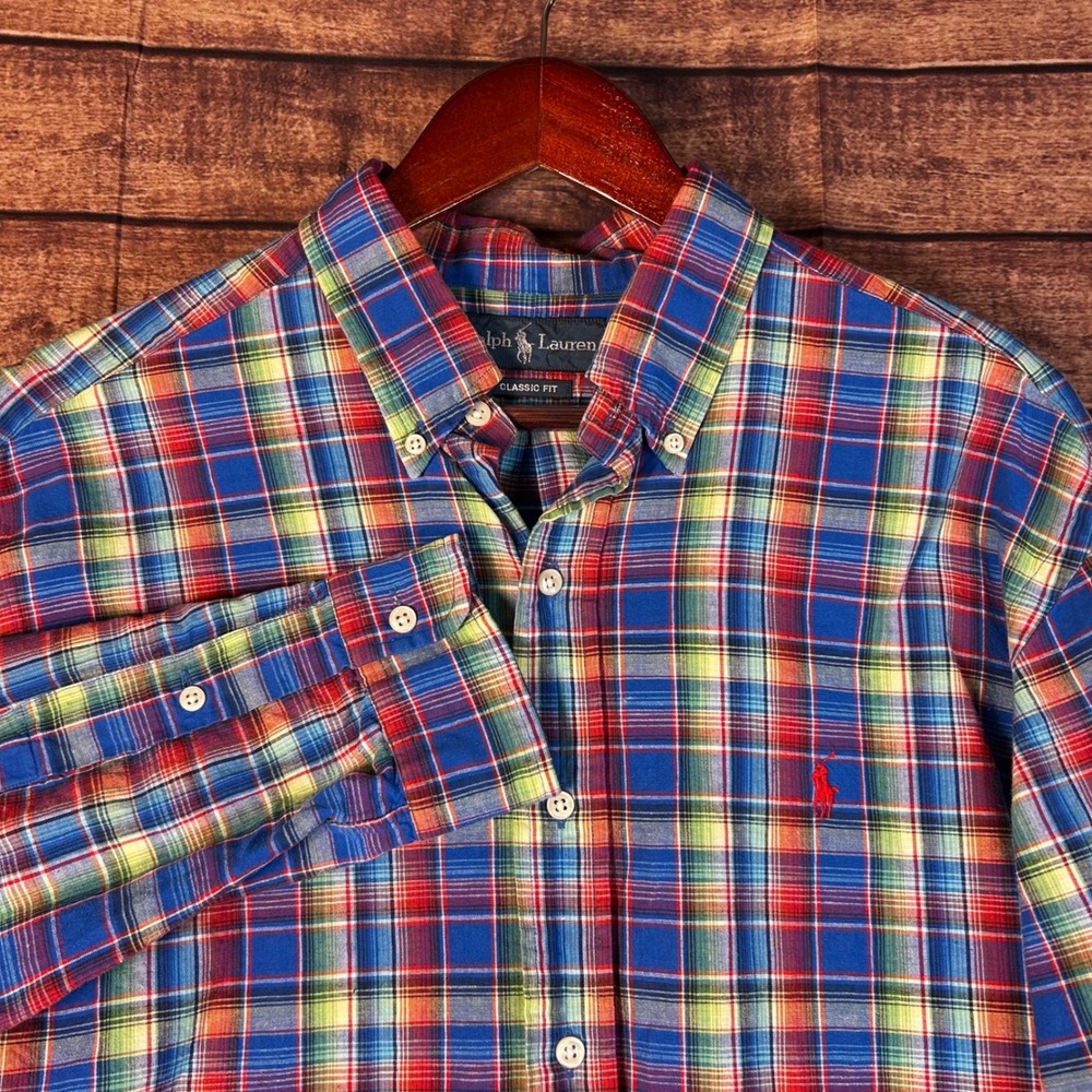 VTG Ralph‎ Lauren Mens Classic Fit Cotton Linen Plaid Button Up Shirt Red Pony L